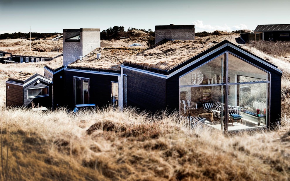 Источник вдохновения для домашнего уюта: одноэтажный, деревянный, черный дом среднего размера в морском стиле с зеленой крышей