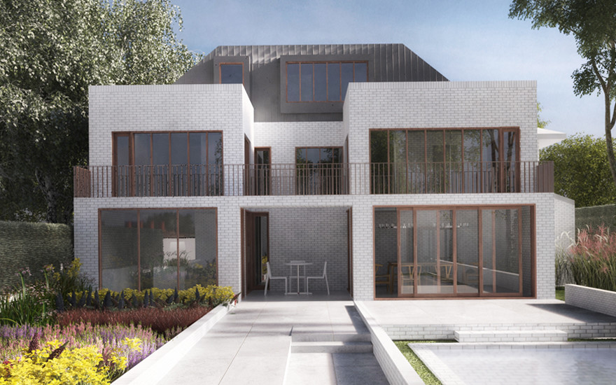 Idées déco pour une grande façade de maison grise classique en brique à deux étages et plus.