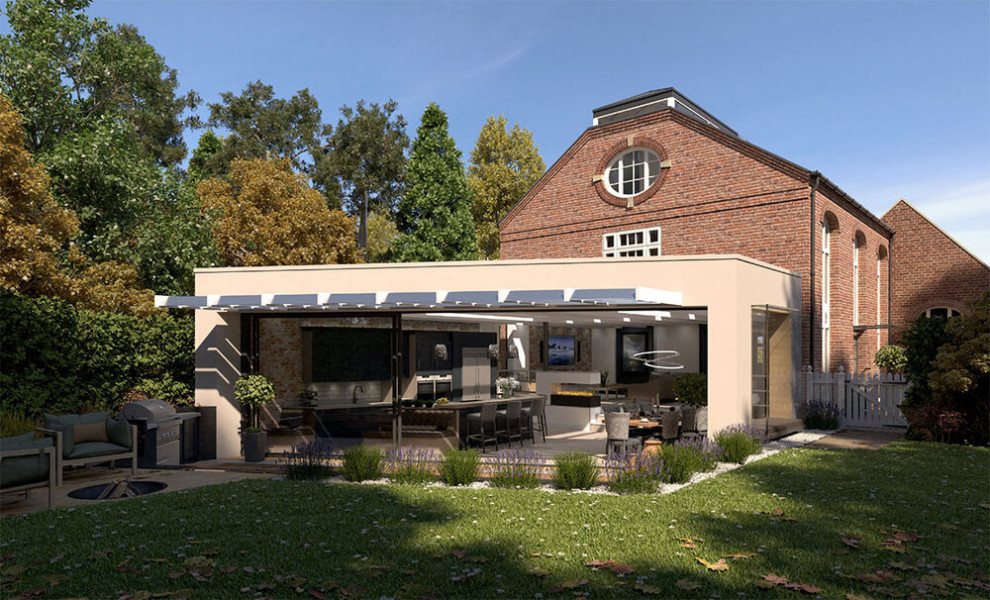 Пример оригинального дизайна: двухэтажный, красный частный загородный дом среднего размера в стиле модернизм с облицовкой из цементной штукатурки и плоской крышей