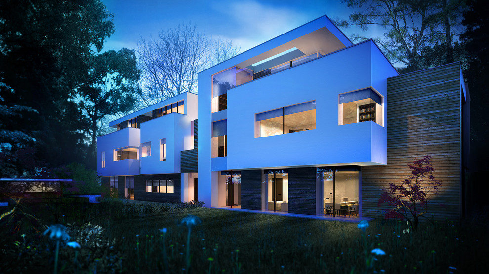 Свежая идея для дизайна: большой, трехэтажный, белый дом с облицовкой из бетона - отличное фото интерьера