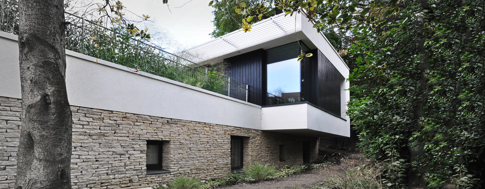 Inspiration pour une façade de maison blanche design en pierre de taille moyenne et à un étage.