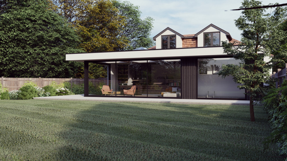 Inspiration for a medium sized and black contemporary bungalow glass detached house in London with a flat roof.