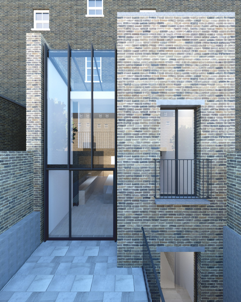 Großes, Dreistöckiges Modernes Reihenhaus mit Backsteinfassade, bunter Fassadenfarbe, Flachdach und Misch-Dachdeckung in London