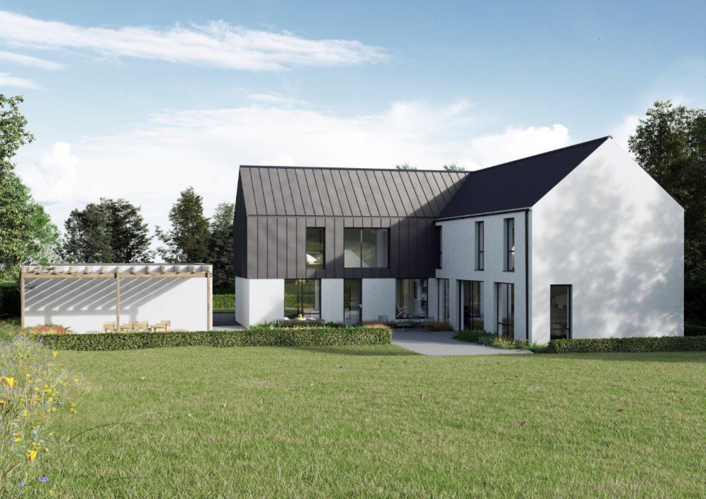 Großes, Zweistöckiges Modernes Einfamilienhaus mit Metallfassade, grauer Fassadenfarbe, Satteldach und Blechdach in Belfast