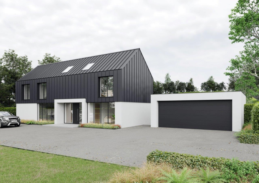 Inspiration pour une grande façade de maison métallique et grise design à un étage avec un toit à deux pans et un toit en métal.