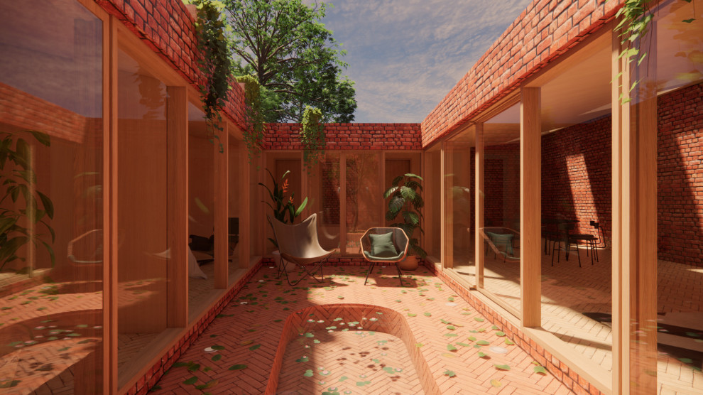 Immagine della villa piccola rossa moderna a un piano con rivestimento in mattoni, tetto piano e copertura verde