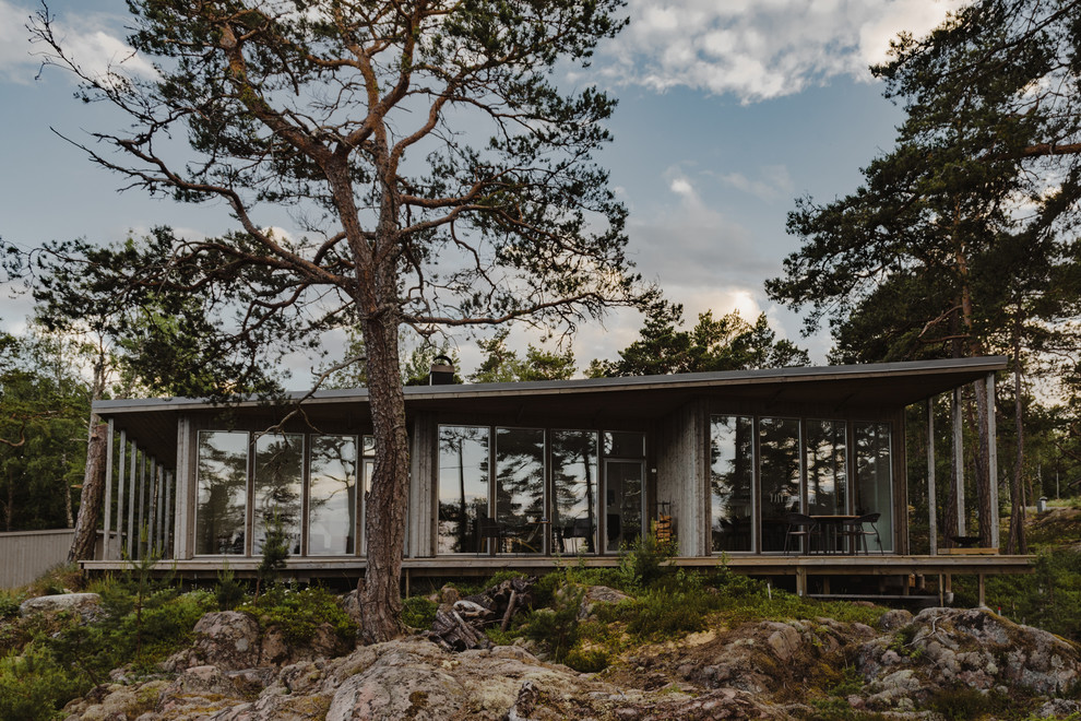 Esempio della facciata di una casa scandinava a un piano di medie dimensioni con rivestimento in vetro e tetto piano