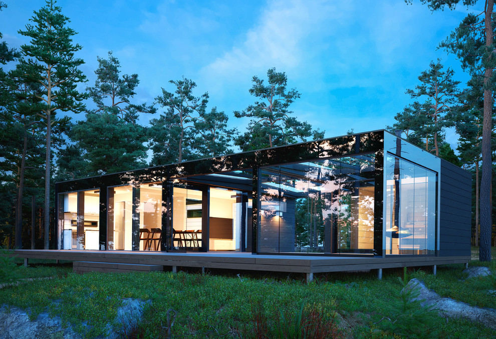 Inspiration för mellanstora minimalistiska bruna hus, med allt i ett plan, glasfasad och platt tak