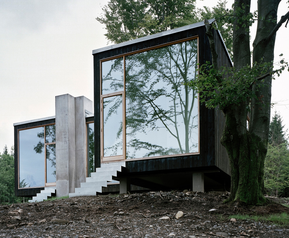 Immagine della facciata di una casa piccola nera moderna a due piani con rivestimento in legno e tetto piano