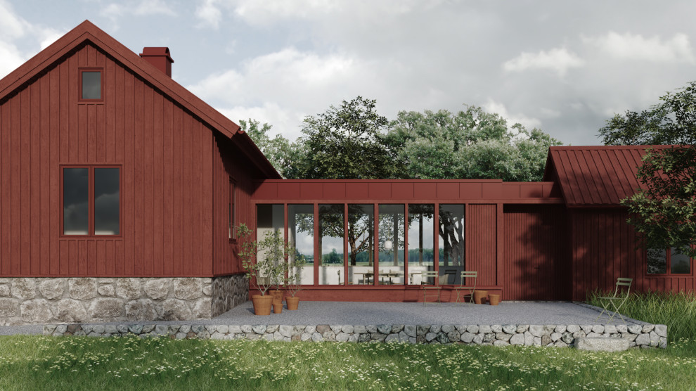 Foto de fachada de casa roja nórdica de tamaño medio de una planta con revestimiento de madera