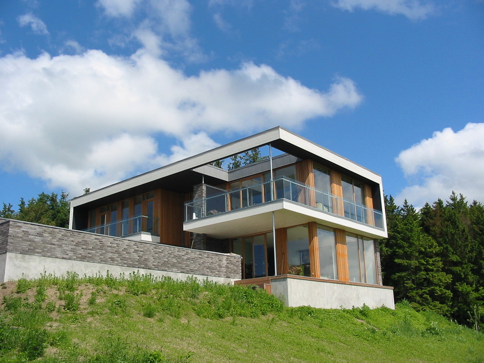 Inspiration för stora moderna bruna hus, med två våningar, glasfasad och platt tak