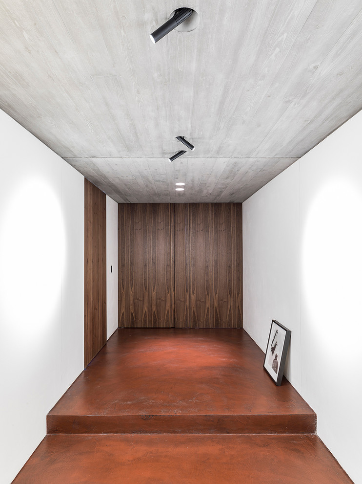 Источник вдохновения для домашнего уюта: большой коридор в современном стиле с бетонным полом и красным полом