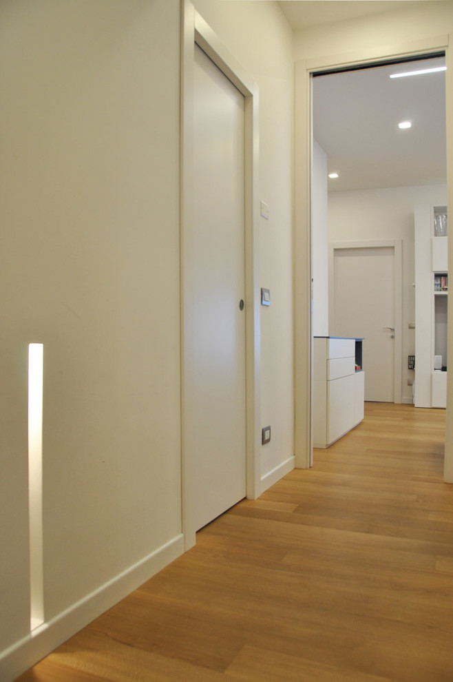 Cette photo montre un petit couloir scandinave avec un mur blanc et parquet clair.