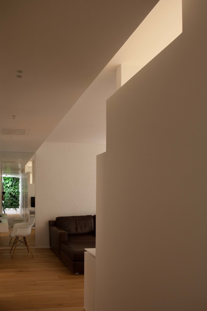 Источник вдохновения для домашнего уюта: коридор среднего размера в современном стиле с белыми стенами, светлым паркетным полом и коричневым полом