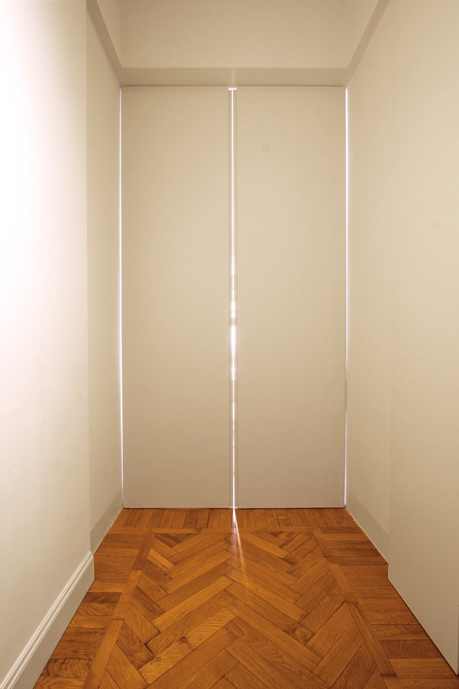 Inspiration pour un hall d'entrée minimaliste de taille moyenne avec un mur blanc, un sol en bois brun, une porte pivot, une porte blanche et un sol marron.