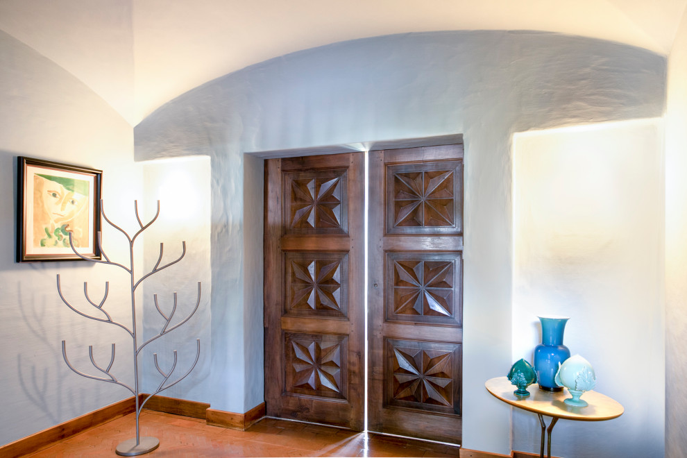 Свежая идея для дизайна: большое фойе в стиле модернизм с зелеными стенами, полом из терракотовой плитки, одностворчатой входной дверью, входной дверью из дерева среднего тона, оранжевым полом и сводчатым потолком - отличное фото интерьера