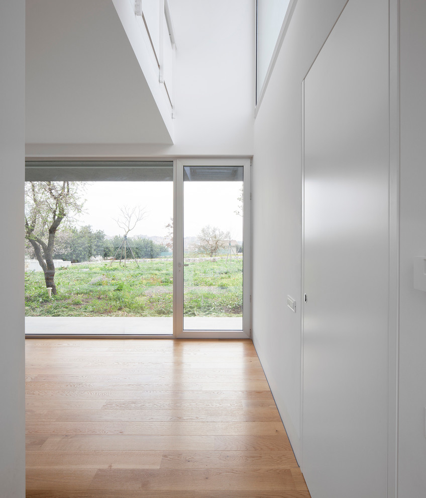 Idee per un ingresso minimalista con pareti bianche, parquet chiaro e una porta in vetro