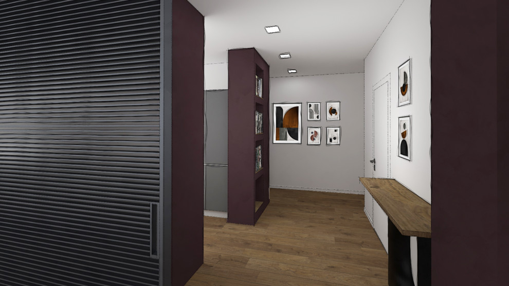 Idée de décoration pour un petit hall d'entrée design avec un mur violet, parquet foncé, une porte simple, une porte grise, un sol marron et un plafond décaissé.