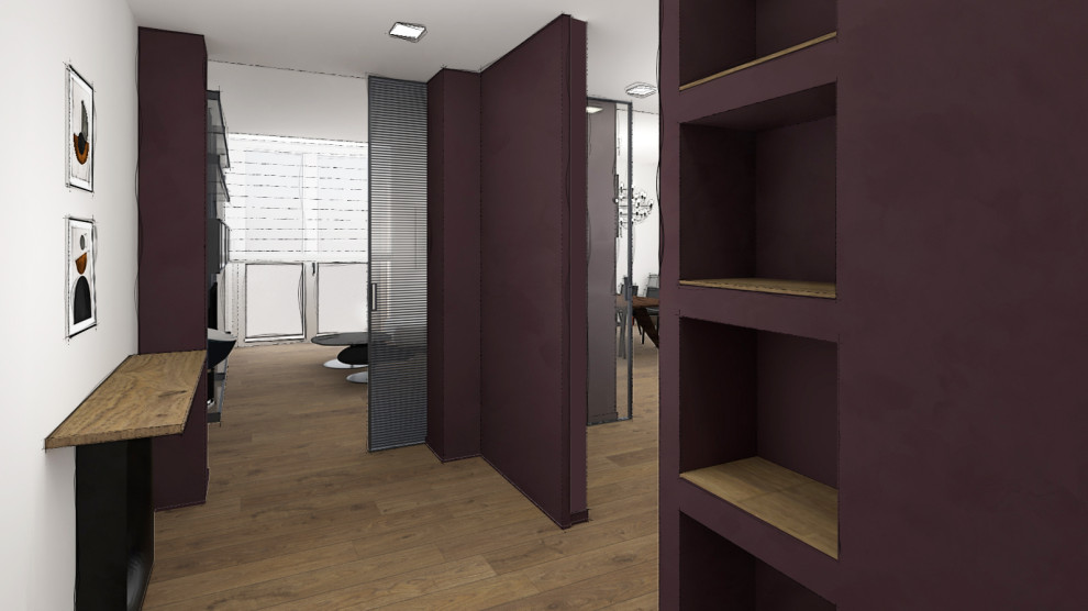 Design ideas for a small contemporary foyer in Turin with purple walls, dark hardwood flooring, a single front door, a grey front door, brown floors and a drop ceiling.