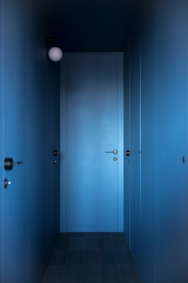 Источник вдохновения для домашнего уюта: коридор среднего размера в современном стиле с разноцветными стенами, бетонным полом и синим полом