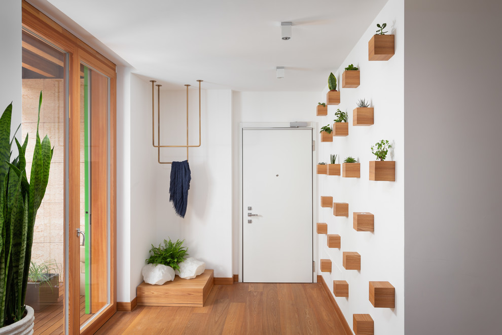 Immagine di un ingresso minimalista di medie dimensioni con pareti bianche, pavimento in legno massello medio, una porta singola e una porta bianca