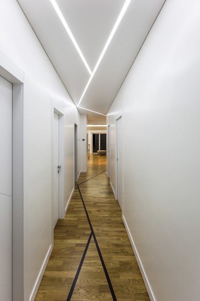 Пример оригинального дизайна: коридор среднего размера в современном стиле с белыми стенами и паркетным полом среднего тона