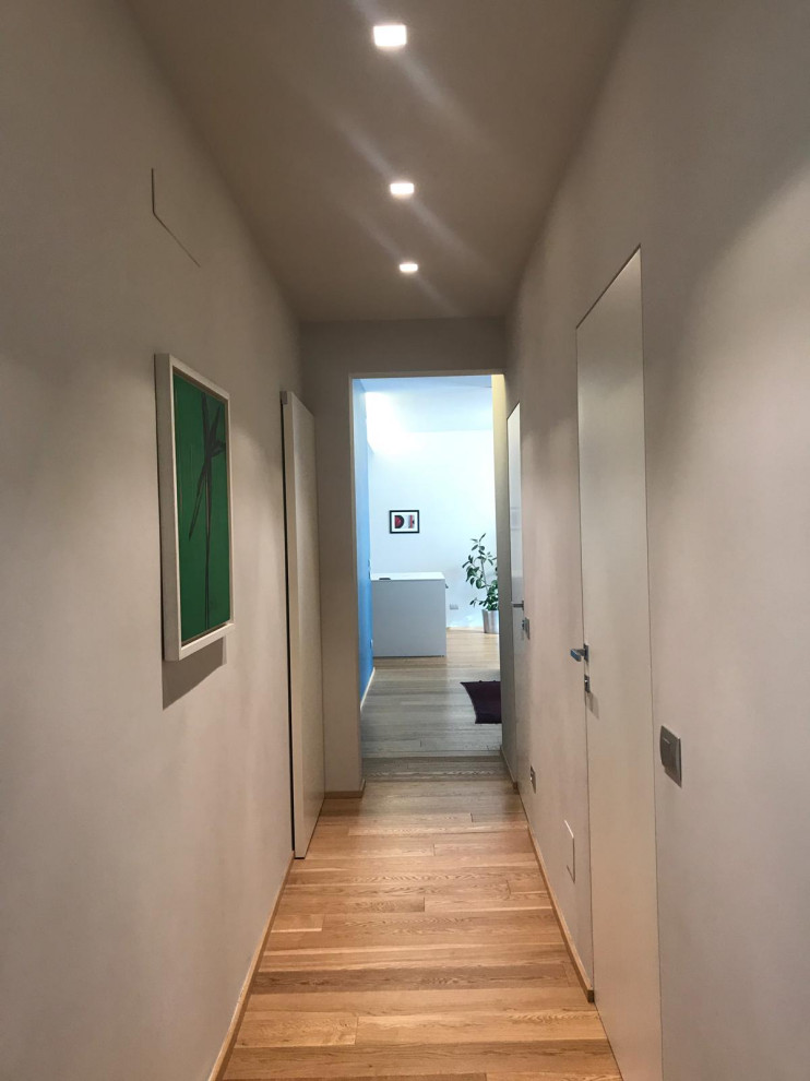 Cette image montre un petit couloir avec un mur blanc et parquet clair.