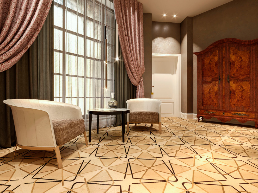 Example of a mid-sized trendy light wood floor, multicolored floor, tray ceiling and wainscoting entryway design in Milan with beige walls and a light wood front door