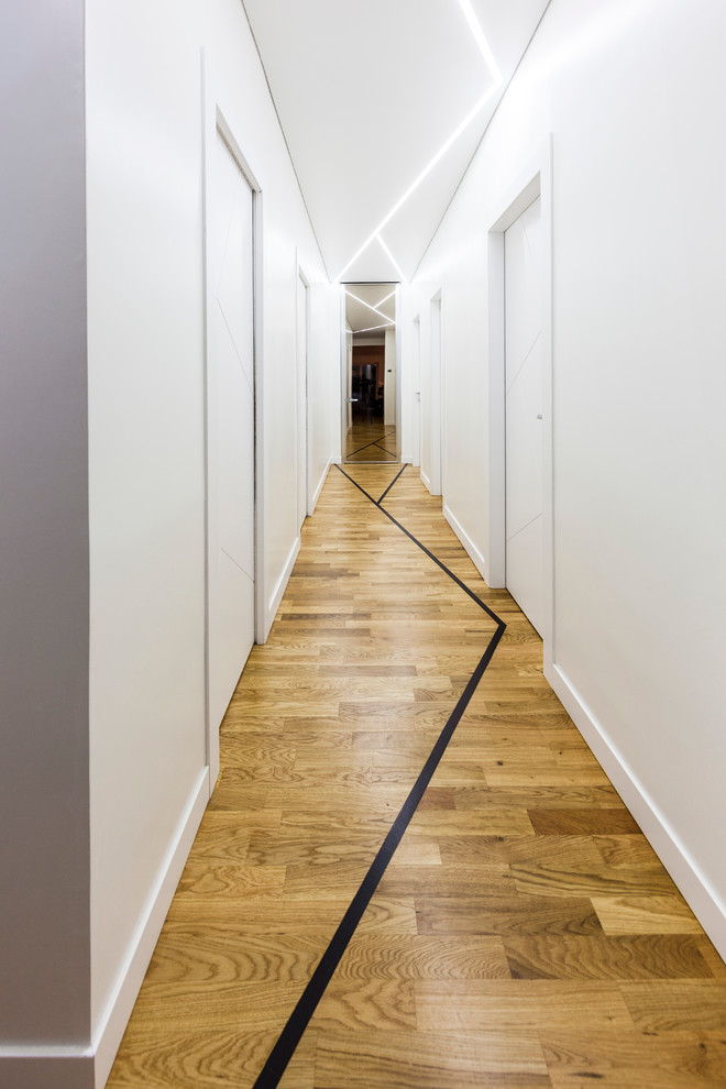 Cette photo montre un grand couloir tendance avec un mur blanc et un sol en bois brun.