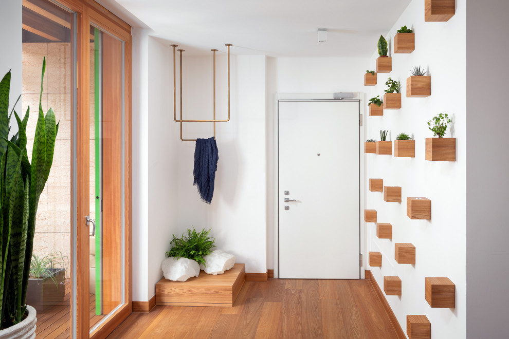 Cette image montre une entrée design de taille moyenne avec un couloir, une porte simple, une porte blanche et un sol marron.