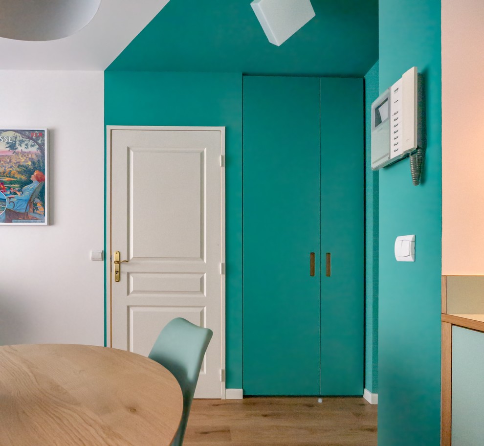 Aménagement d'un petit hall d'entrée contemporain avec un mur vert, un sol en linoléum, une porte simple et une porte blanche.