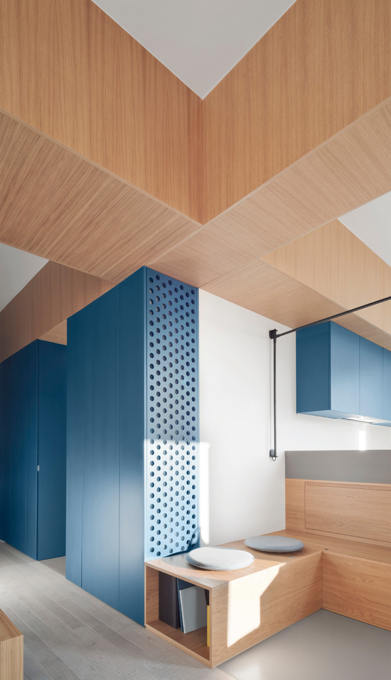 Immagine di un piccolo ingresso o corridoio minimalista con pareti blu, parquet chiaro e pavimento grigio