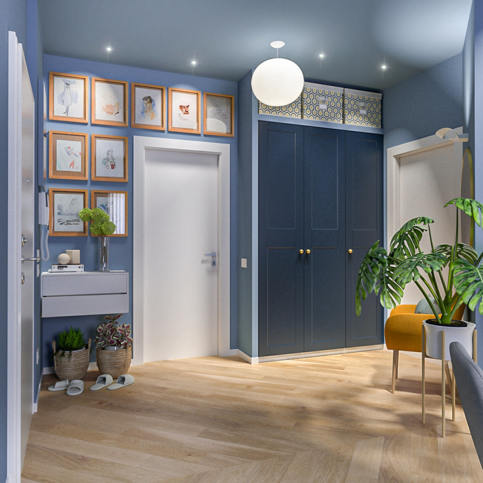 Medium sized contemporary foyer with blue walls, light hardwood flooring, a single front door and a white front door.