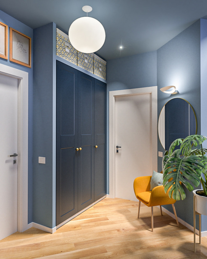 Inspiration för mellanstora moderna foajéer, med blå väggar, ljust trägolv, en enkeldörr och en vit dörr