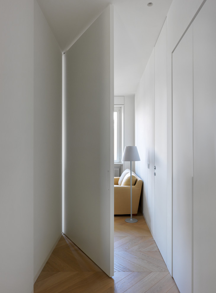 Diseño de recibidores y pasillos modernos grandes con paredes blancas, suelo de madera en tonos medios, suelo beige y iluminación