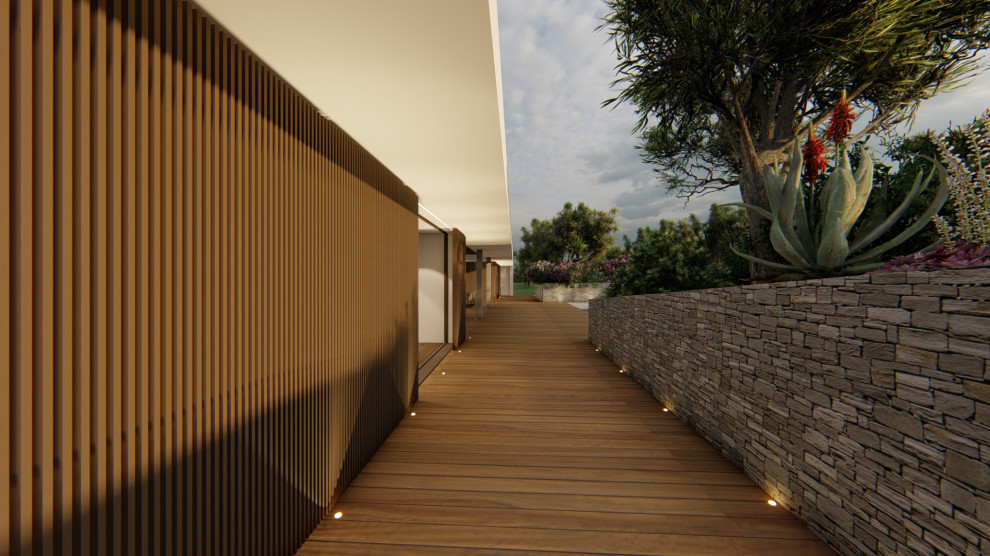 Idées déco pour un grand hall d'entrée contemporain en bois avec un mur blanc, un sol en bois brun, une porte coulissante, une porte en bois brun et un plafond décaissé.