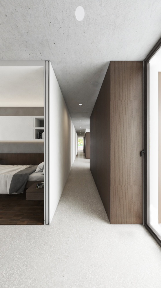 Réalisation d'un grand couloir design en bois avec un mur blanc, un sol en carrelage de porcelaine, un sol gris et un plafond décaissé.