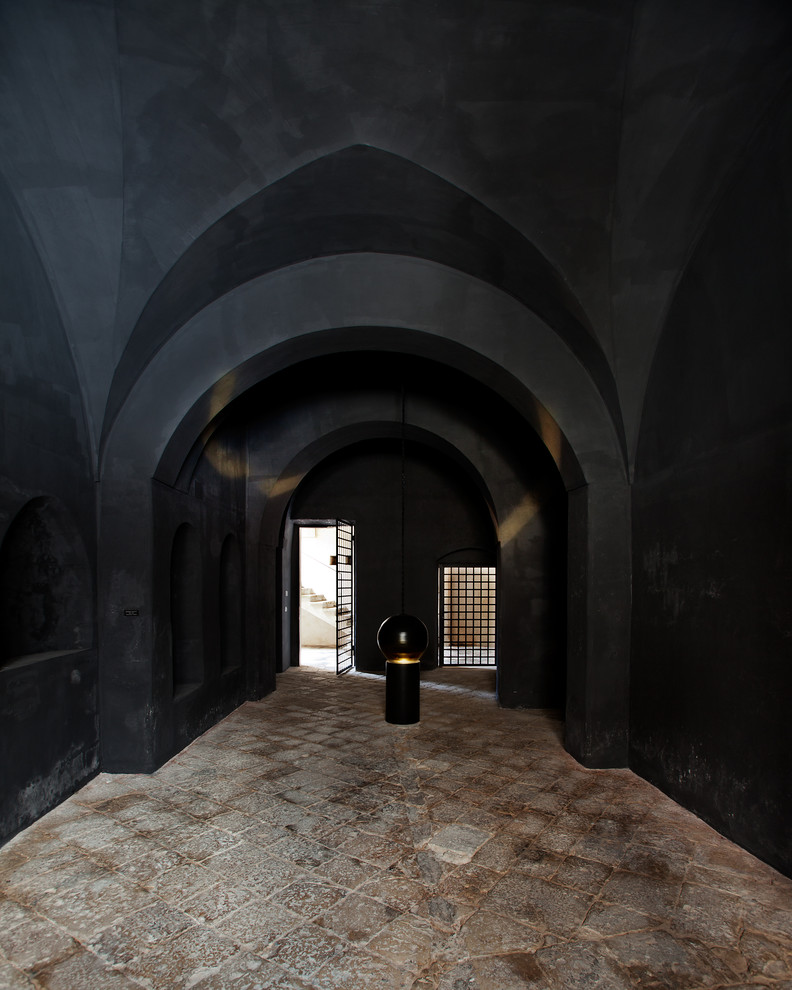 Ispirazione per un ingresso o corridoio moderno di medie dimensioni con pareti nere