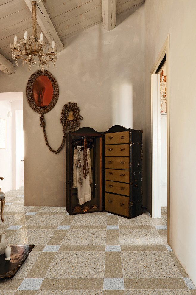 Idee per un ingresso con anticamera moderno di medie dimensioni con pareti beige e pavimento alla veneziana
