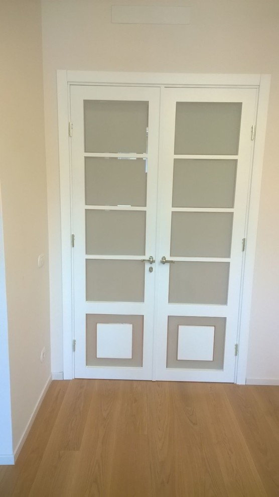 Idee per una porta d'ingresso design di medie dimensioni con pareti bianche, parquet scuro, una porta a due ante e una porta in vetro