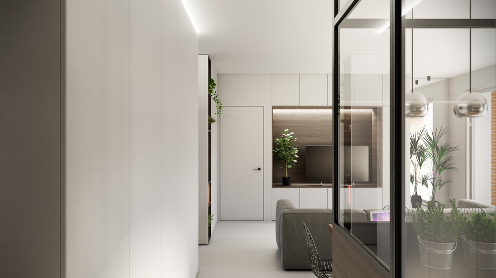 Example of a mid-sized trendy porcelain tile and gray floor hallway design in Milan