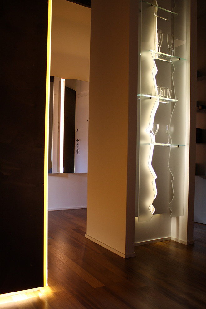 Ispirazione per un piccolo corridoio contemporaneo con pareti bianche, pavimento in legno massello medio, una porta singola, una porta in legno chiaro e pavimento marrone