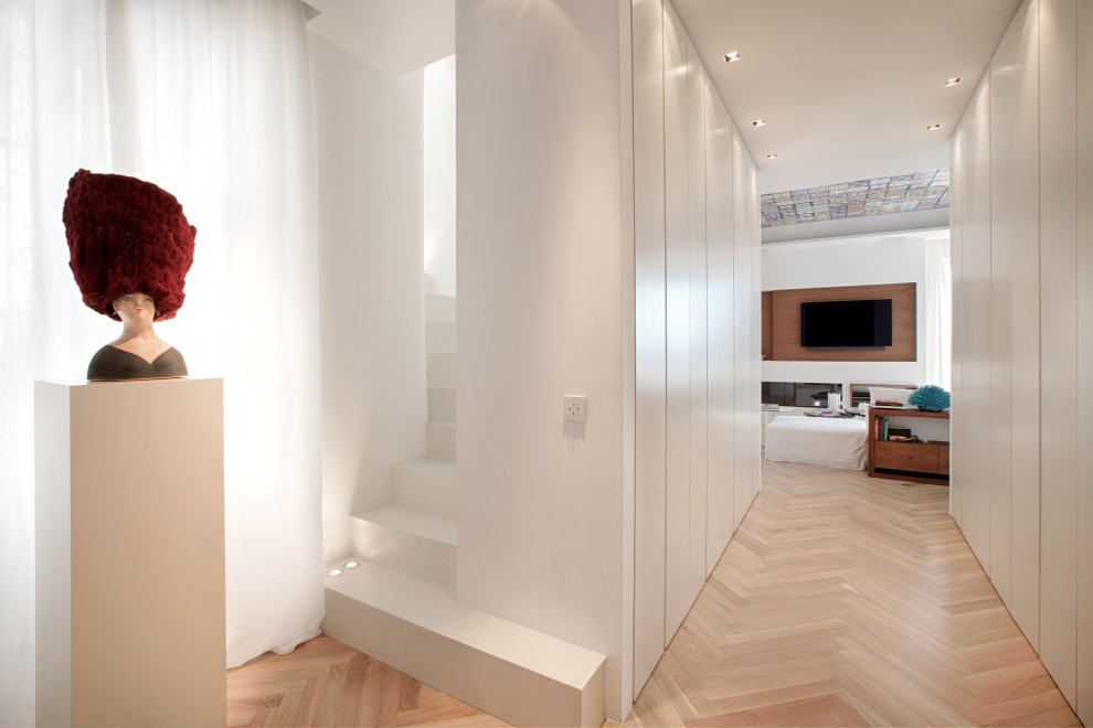 Geräumiges Modernes Foyer mit weißer Wandfarbe, hellem Holzboden, dunkler Holzhaustür und eingelassener Decke in Sonstige