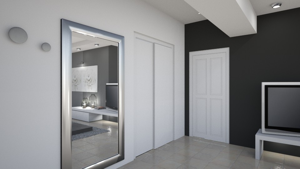 Стильный дизайн: фойе среднего размера в современном стиле с серыми стенами, полом из керамогранита, одностворчатой входной дверью, белой входной дверью и бежевым полом - последний тренд