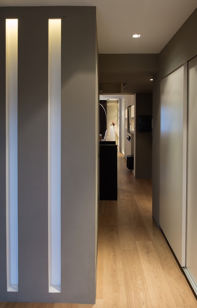Example of a huge trendy dark wood floor hallway design in Other with beige walls
