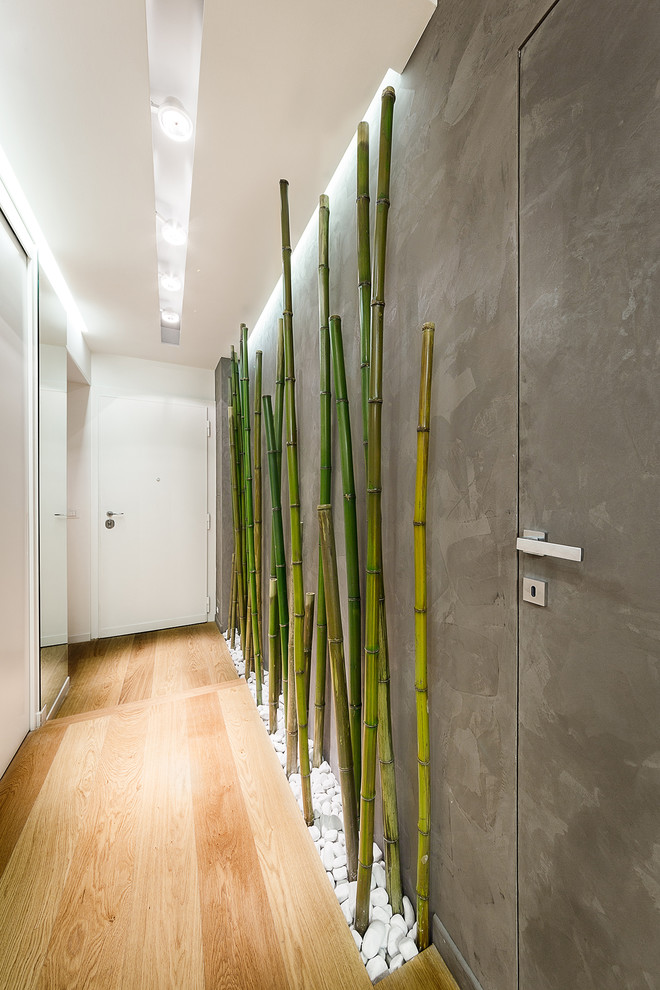 Bild på en eklektisk hall, med grå väggar, ljust trägolv, en enkeldörr och en vit dörr