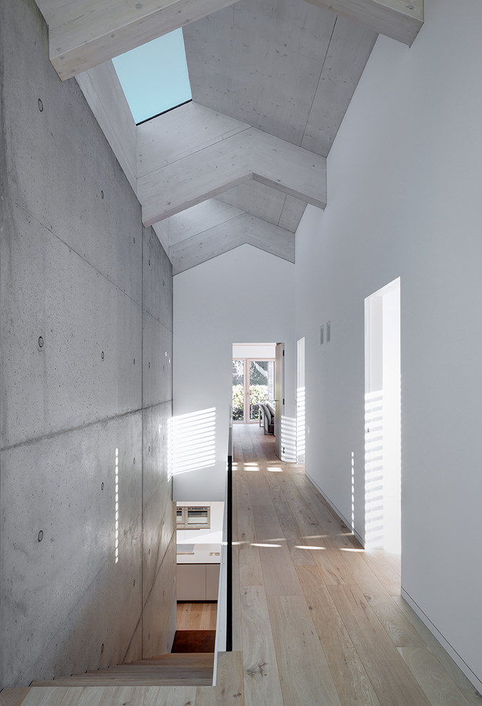 Ispirazione per un grande ingresso o corridoio minimalista con pareti bianche, pavimento in legno massello medio e pavimento marrone