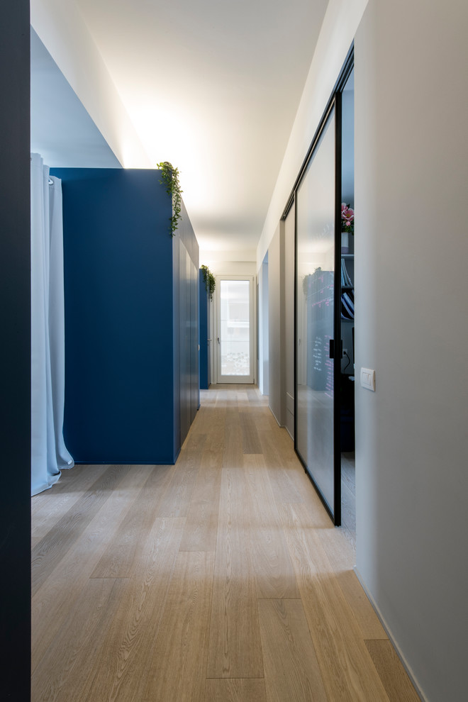 Immagine di un grande ingresso o corridoio contemporaneo con pareti blu e pavimento in legno massello medio