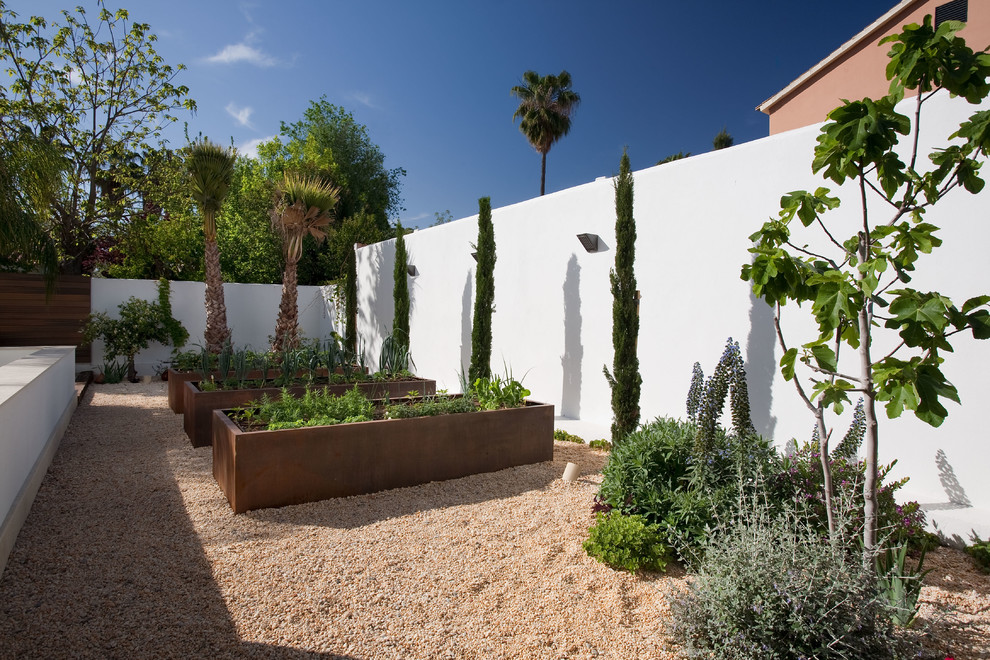 Halbschattiger Moderner Kiesgarten hinter dem Haus mit Kübelpflanzen in Sevilla
