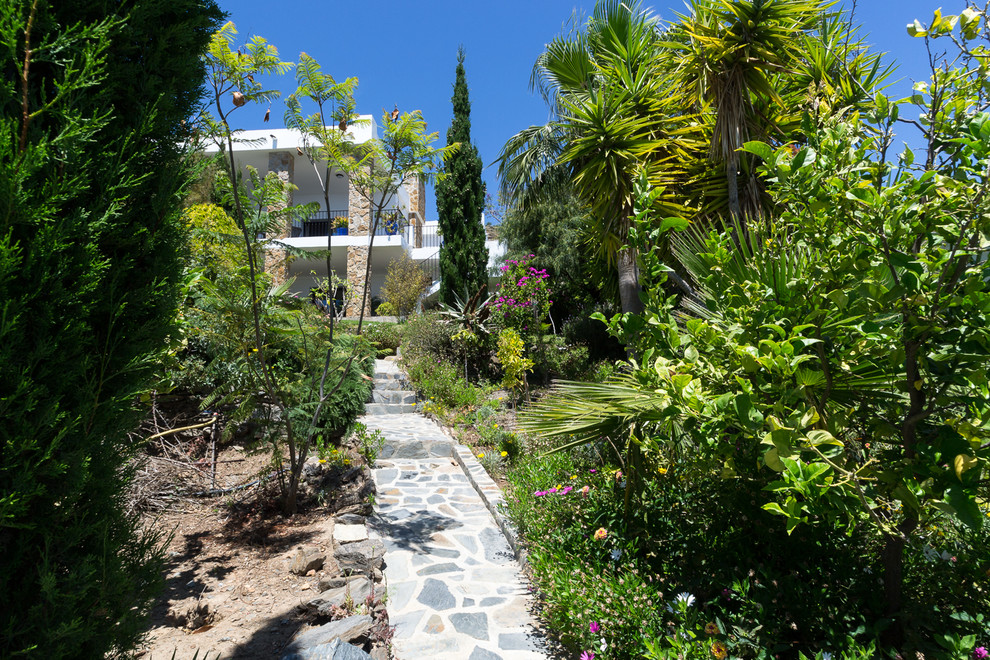 Ejemplo de jardín tropical extra grande en patio trasero con exposición total al sol y adoquines de piedra natural